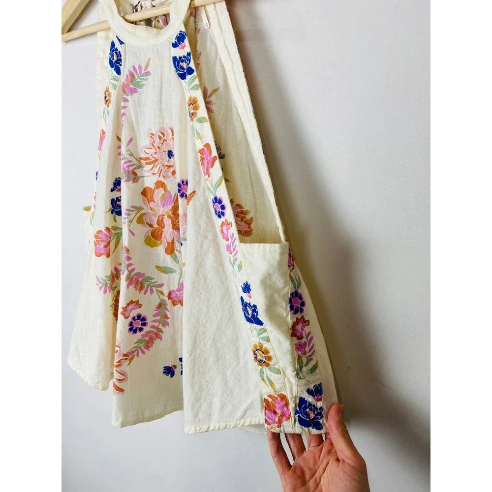 Free People Emily Floral Halter Tie-Back Top Ivory Cotton Gauze OB1434194 Large
